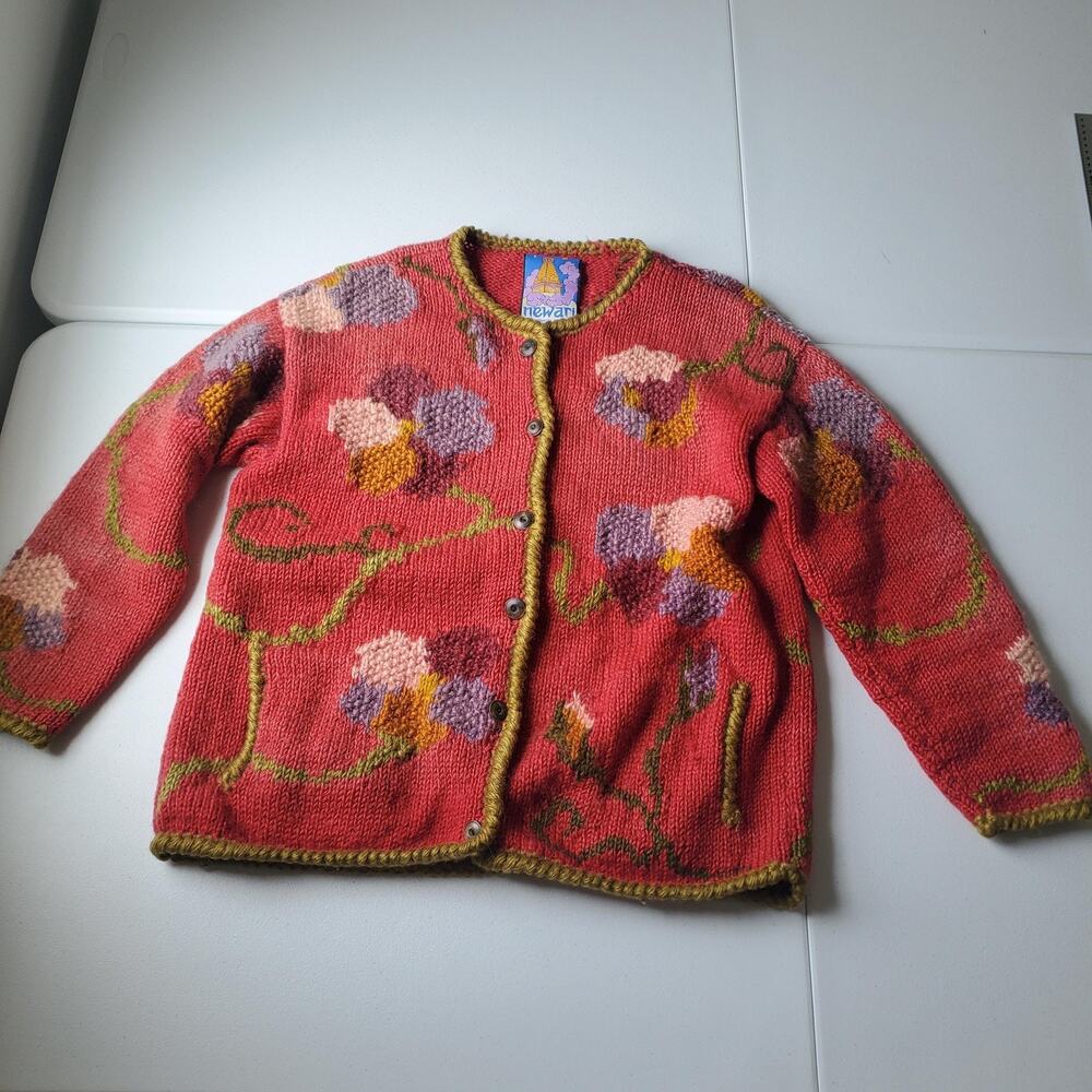 Newari Cardigan Sweater Womens L/XL Pink Wool Floral Hand Knit Nepal Boho